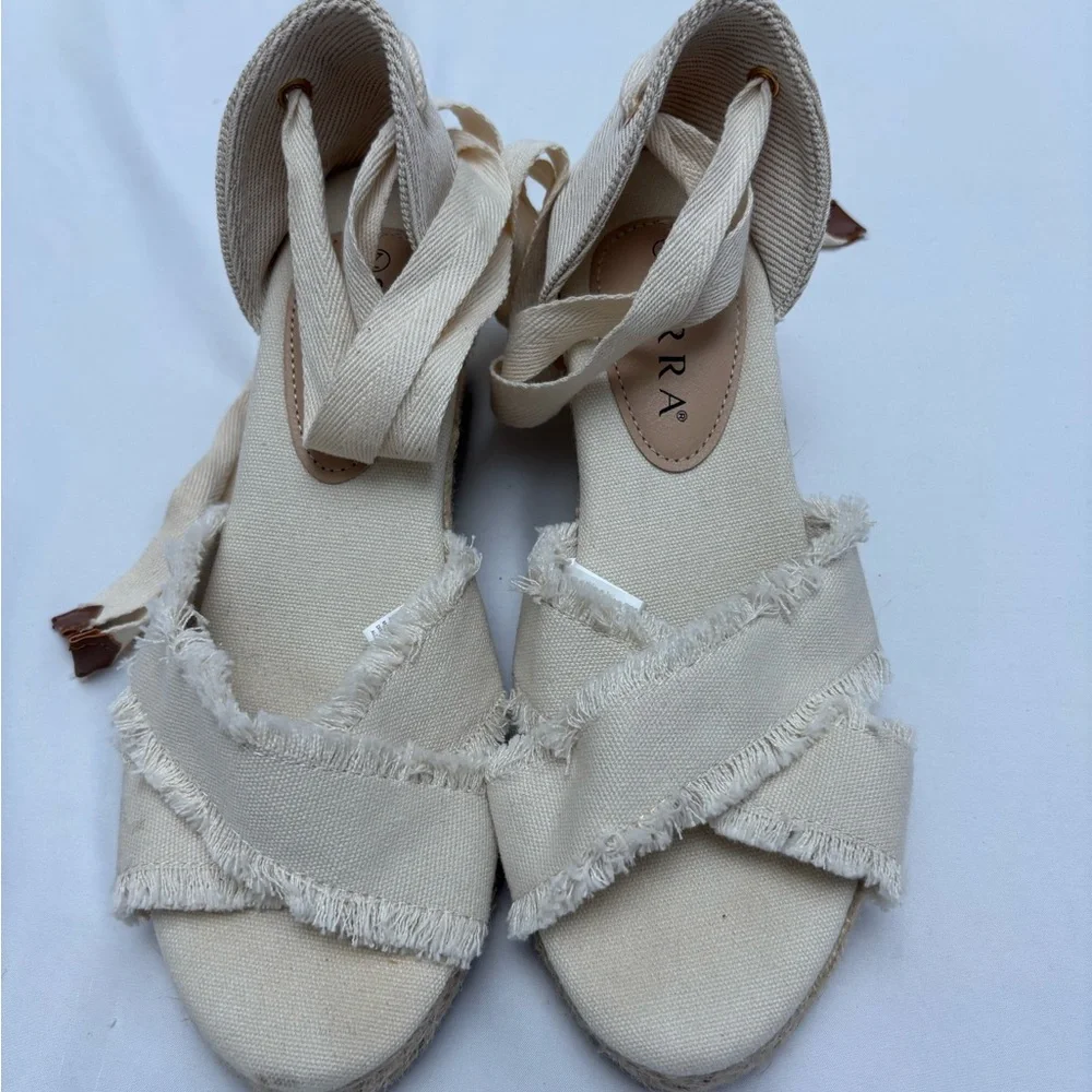 Serra Cream Espadrille Wedges with Textured Fabric Tie Up Boho